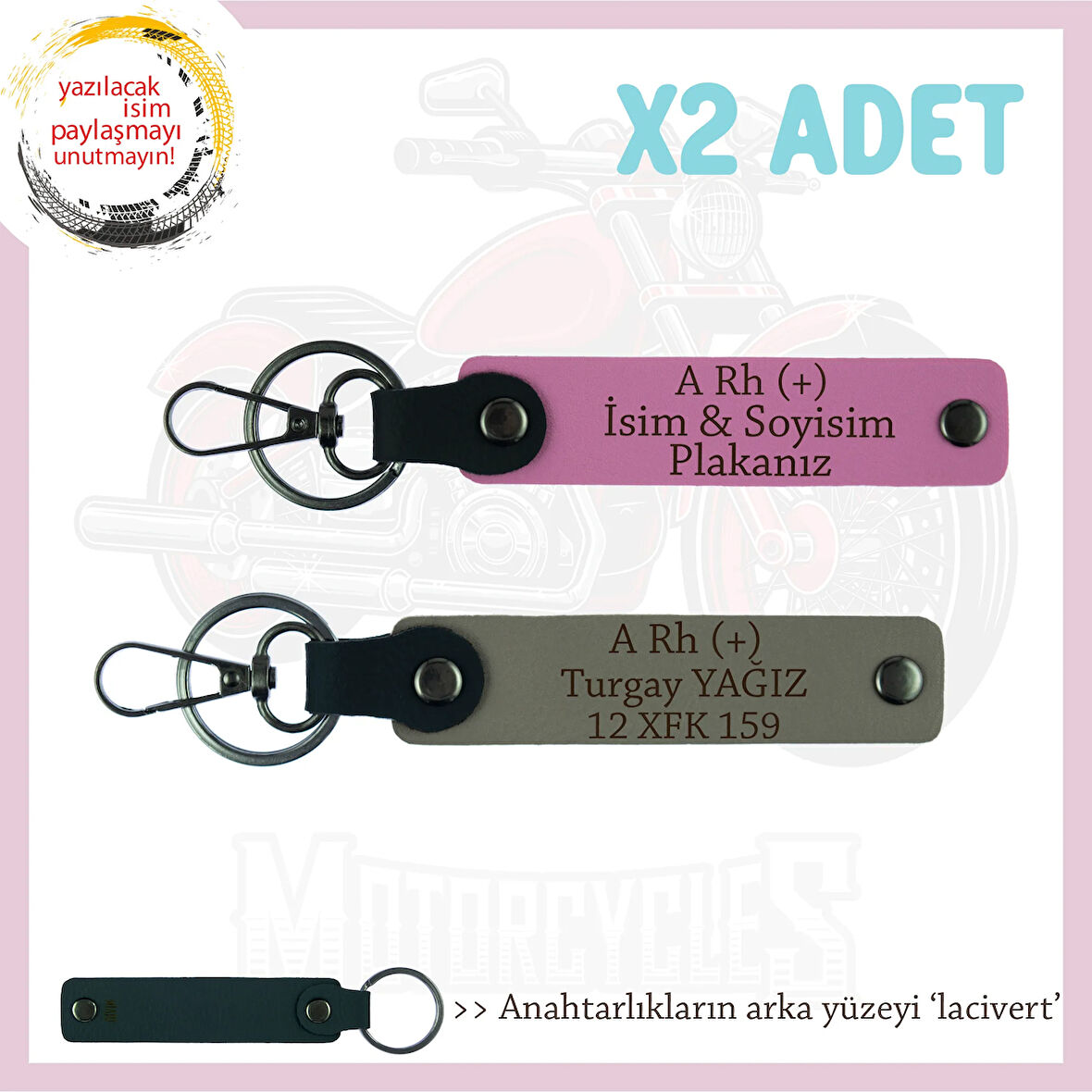 Motorcu Yolculara Özel, İsim Plaka ve A Rh (+) Kan Grubu Yazılı x2 Anahtarlık, Kül Gri-Pembe-Laci