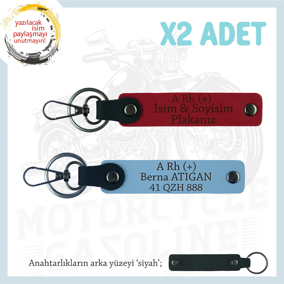 Biker Stiline Özel, İsim Plaka ve A+ Kan Grubu Yazılı Anlamlı Motor x2 Anahtarlık, Kırmızı-Mavi-Syh