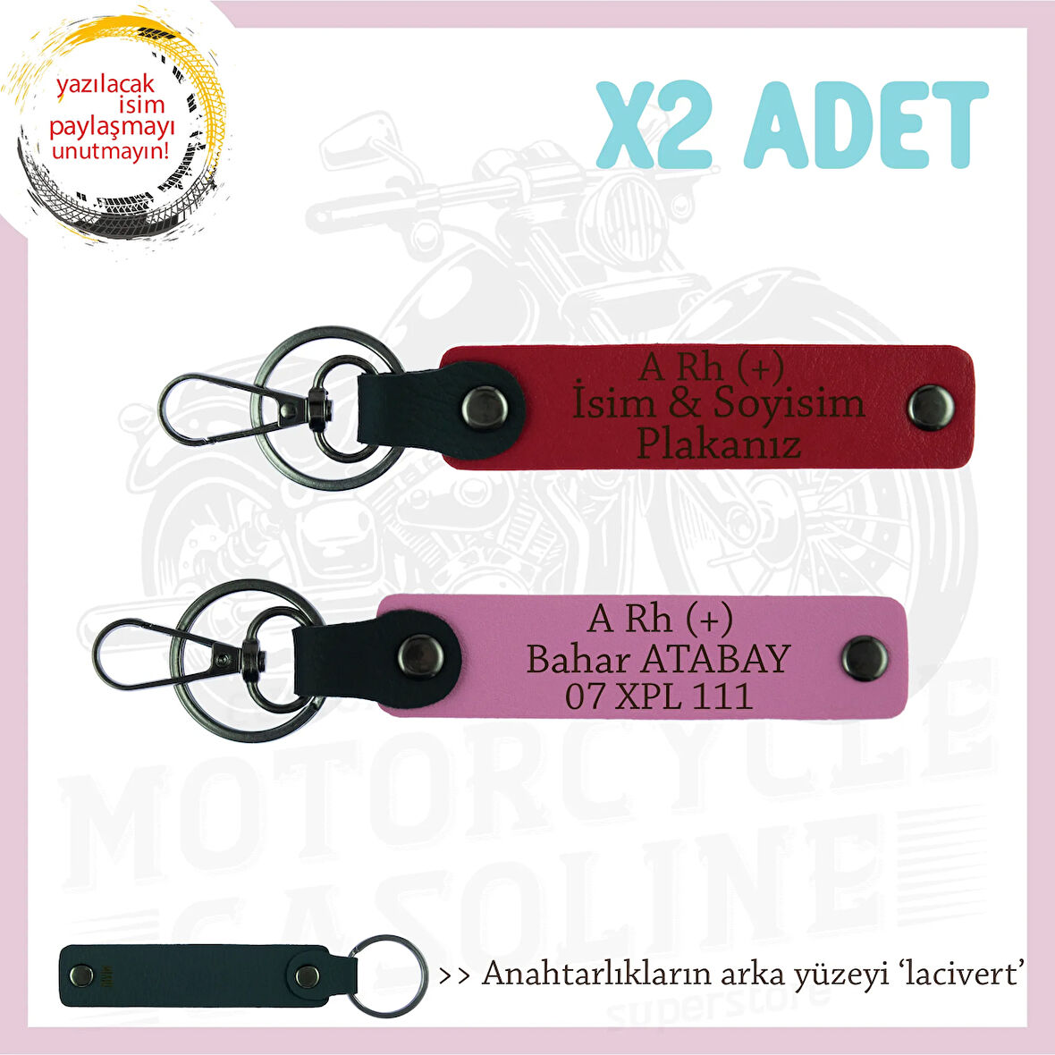 Motosiklet Aşıkları İçin, İsim Plaka ve A Rh (+) Kan Grubu Yazılı x2 Anahtarlık, Kırmızı-Pembe-Laci