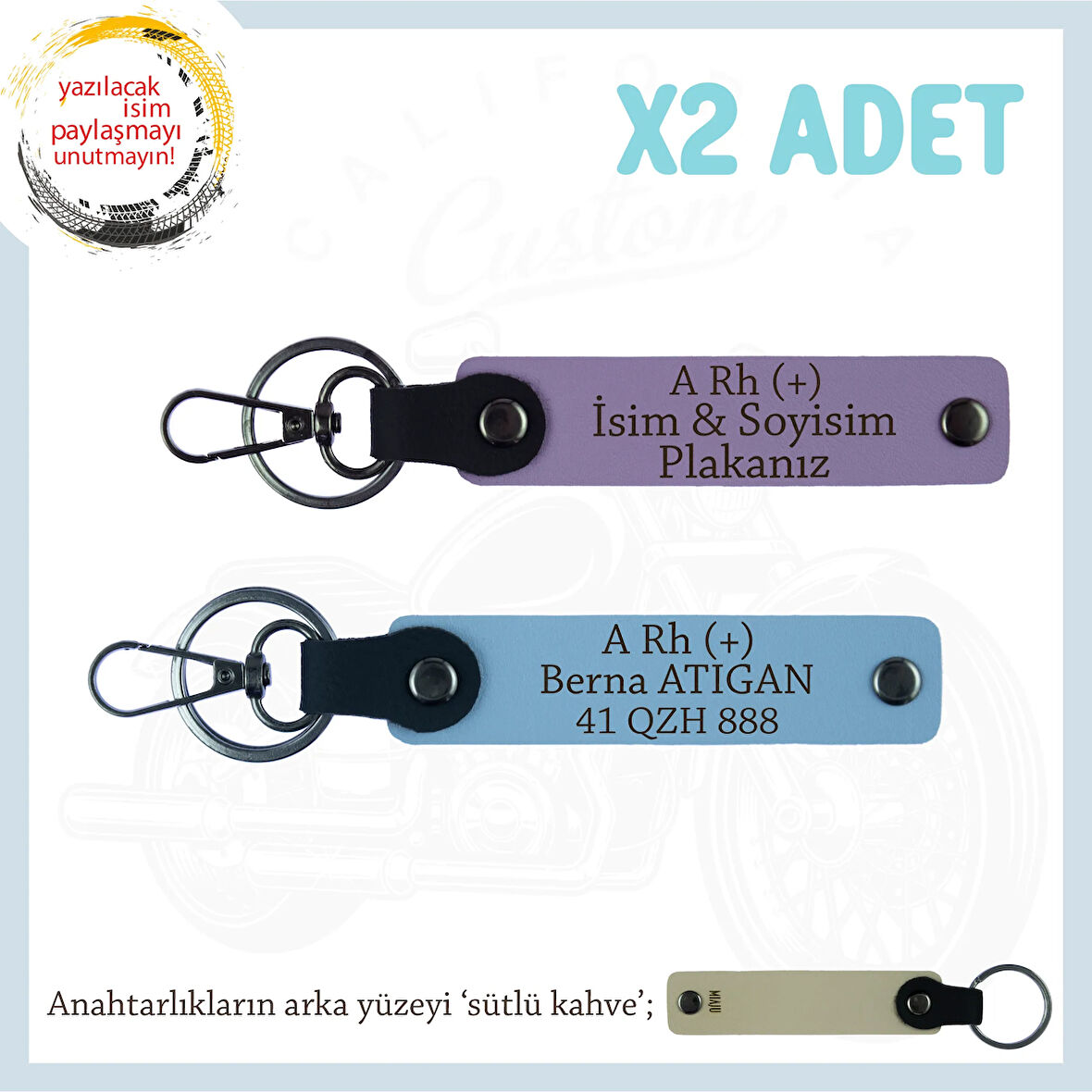 Ehliyeti Olanlara Özel İsim Plaka ve A Rh (+) Kan Grubu Yazılı x2 Anahtarlık Hediye Set, Mor-Mavi-SK