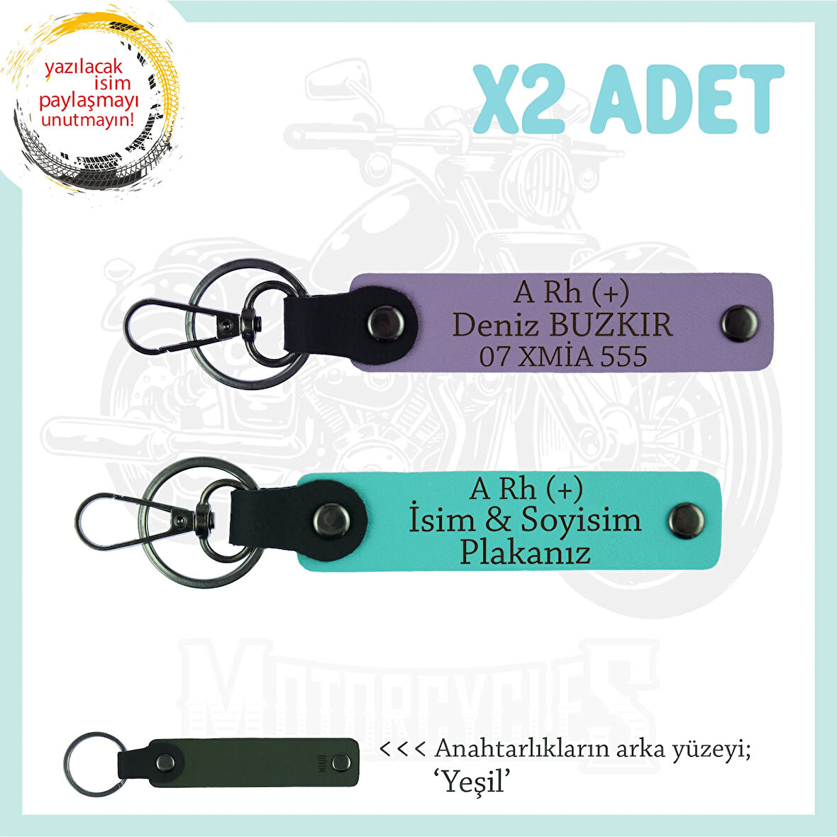 Motosiklet Aşıklarına, İsim Plaka ve A Rh (+) Kan Grubu, Acil Durum x2 Anahtarlık, Mor-Turkuaz-Ysl