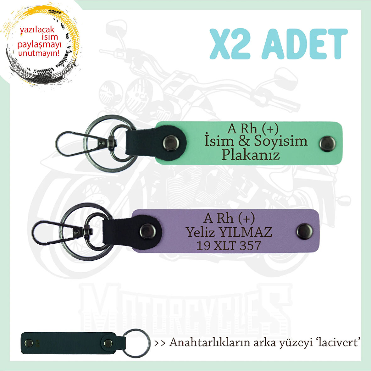 Yol Tutkunları İçin, İsim Plaka ve A+ Kan Grubuna Kişiselleştirilmiş x2 Anahtarlık, Mor-Yeşil-Laci