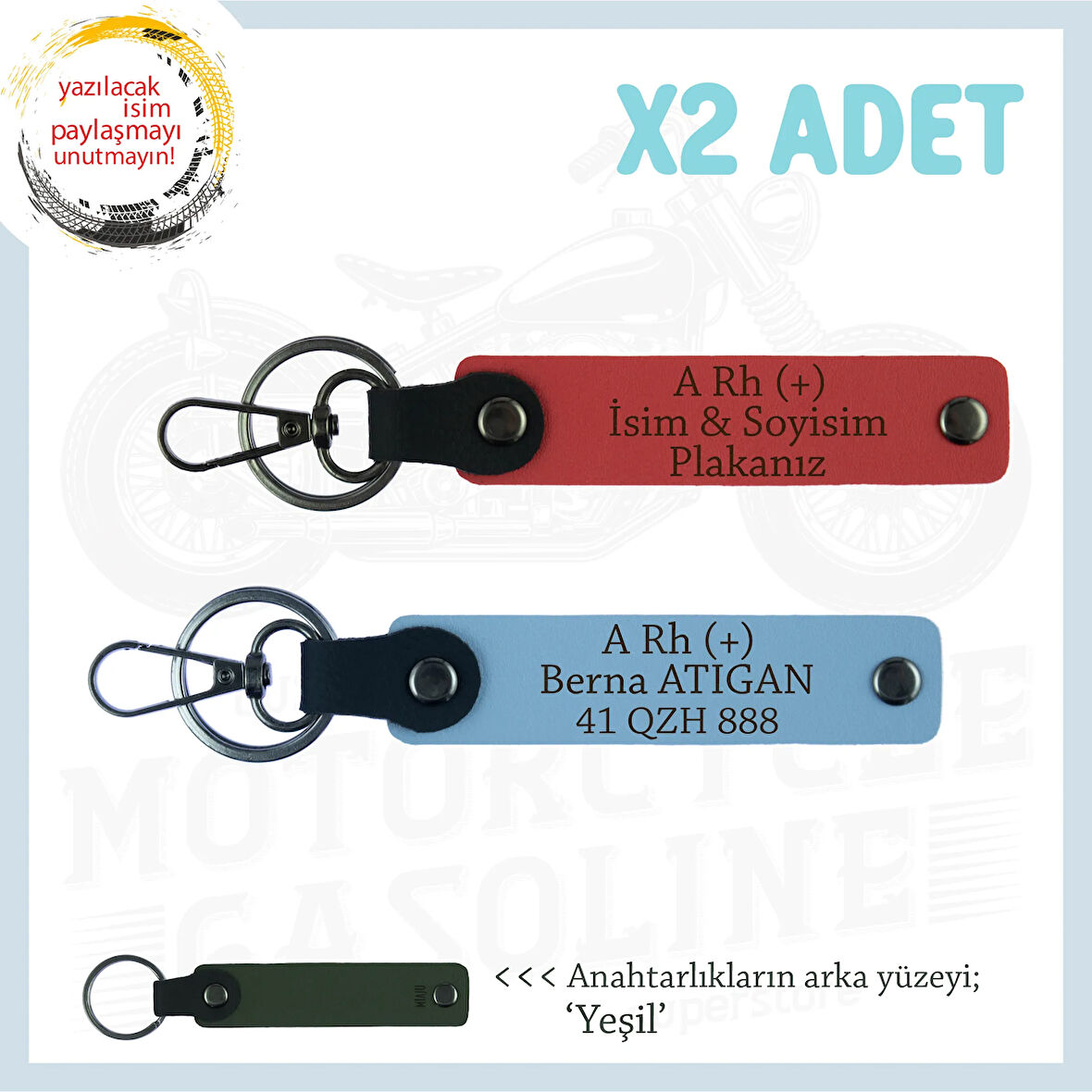 Yol Arkadaşları İçin, İsim Plaka ve A+ Kan Grubu Kişiye Özel x2 Anahtarlık Set, Nar Çiçeği-Mavi-Ysl