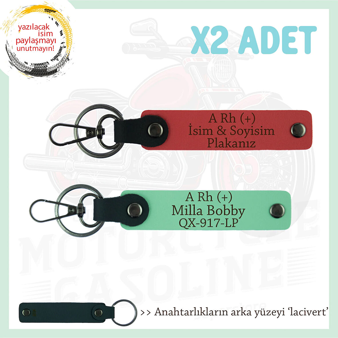 Yol Arkadaşlarına Özel İsim Plaka ve A Rh (+) Kan Grubu Yazılı 2li Anahtarlık, Nar Çiçeği-Yeşil-Laci