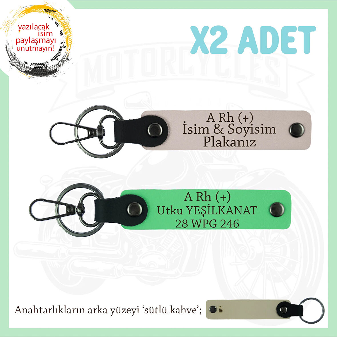 Hız Severlere Özel, İsim Plaka ve A Rh (+) Kan Grubu Yazılı Deri x2' li Anahtarlık, Pudra-F Yeşil-SK