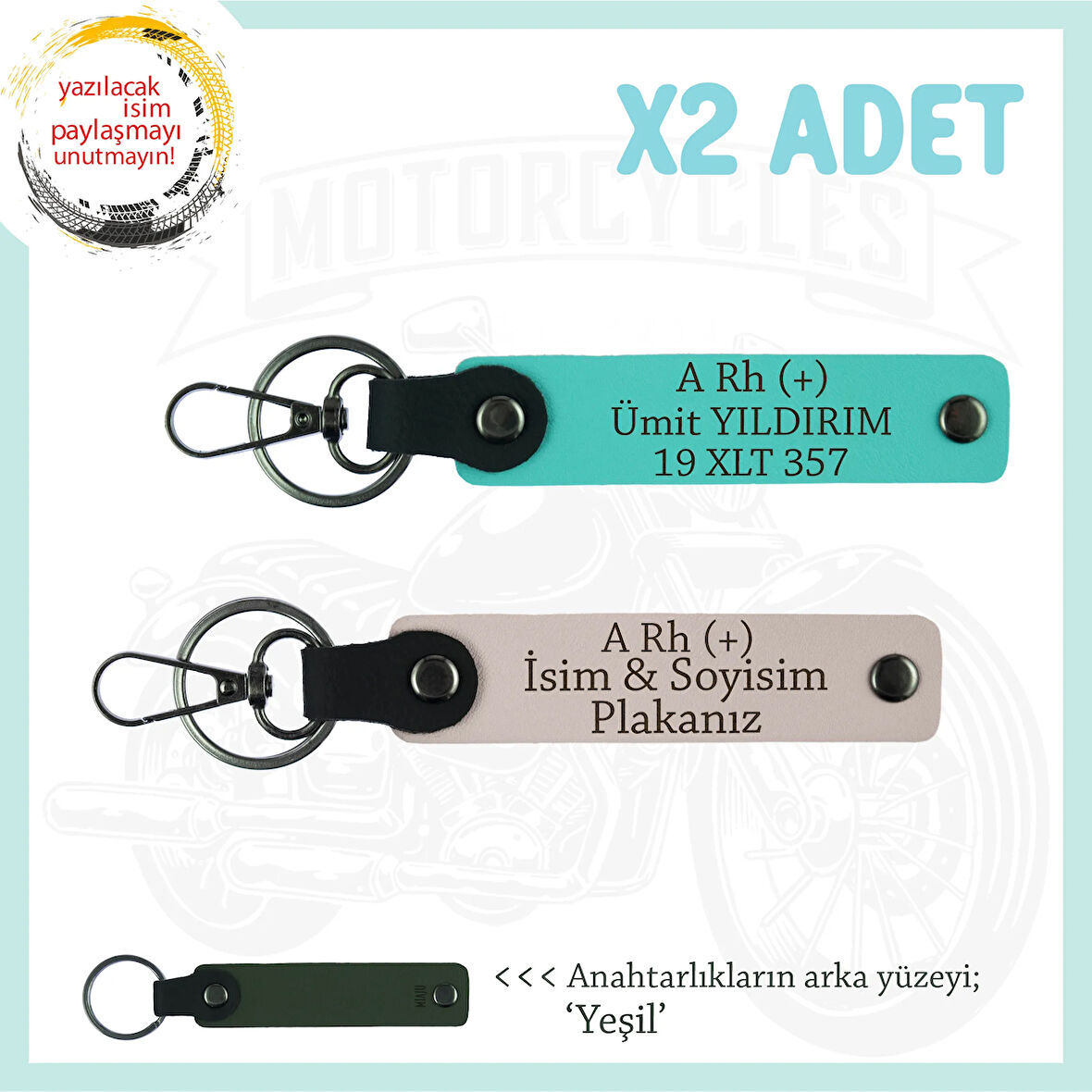 Motorcu Yolculara Özel İsim Plaka ve A Rh (+) Kan Grubu Yazılı Deri x2 Anahtarlık, Pudra-Turkuaz-Ysl