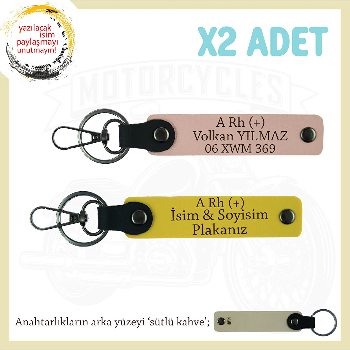 Kişiselleştirilebilir, İsim Plaka ve A Rh (+) Kan Grubu Yazılı x2 Anahtarlık Set, Yavruağzı-Sarı-SK