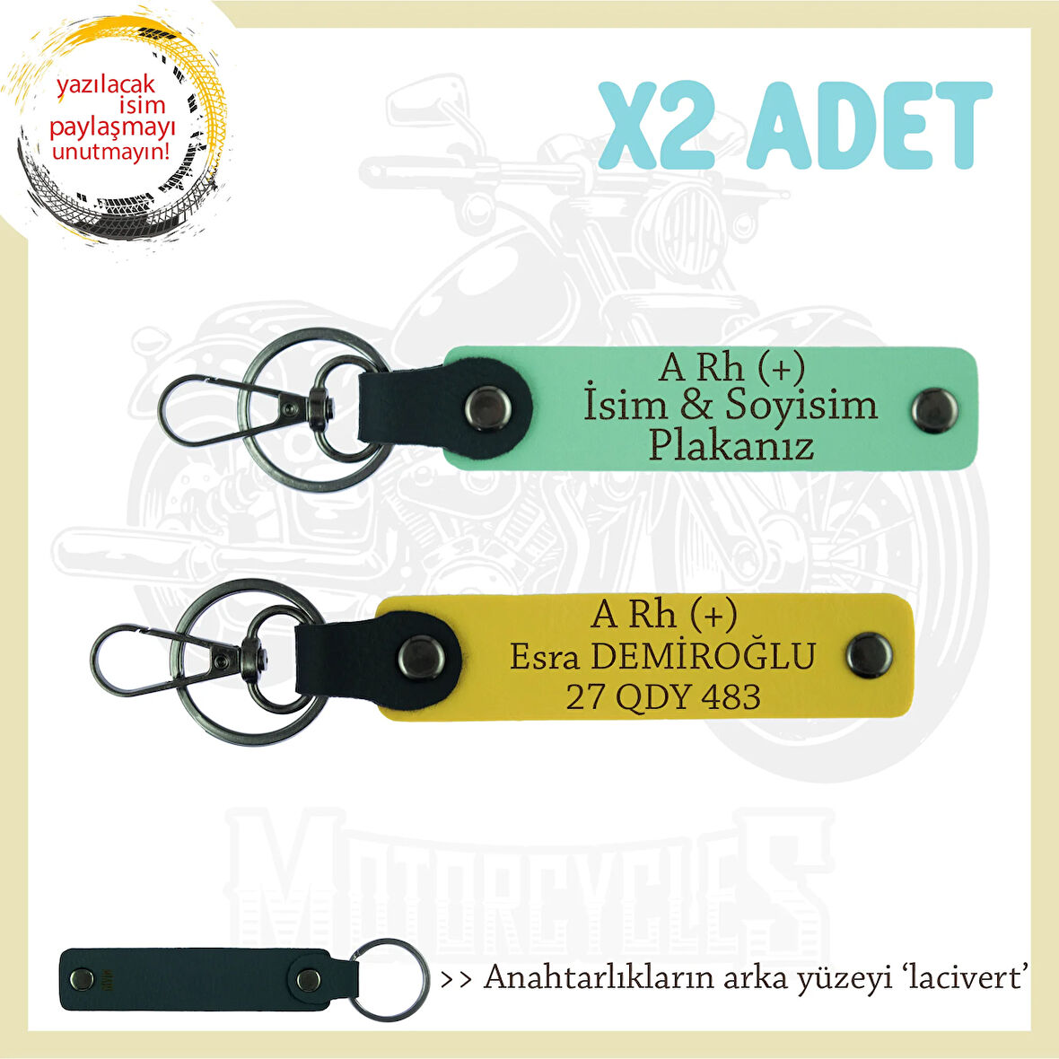 Motosiklet Severlere Özel İsim Plaka ve A Rh (+) Kan Grubu Yazılı x2 Anahtarlıkları, Yeşil-Sarı-Laci