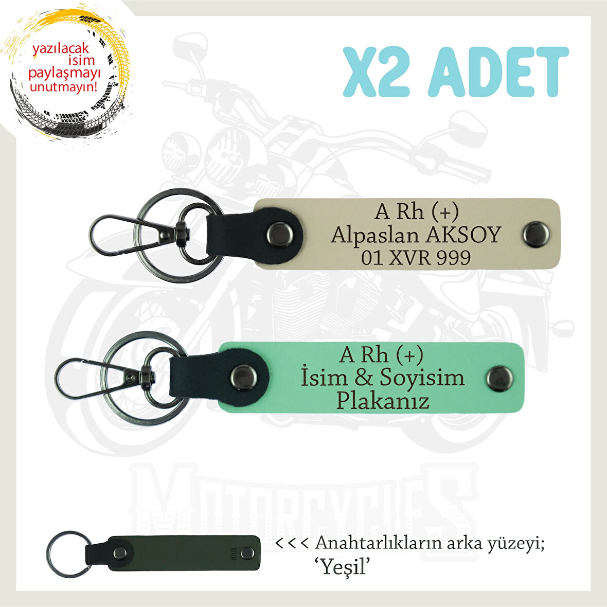 Çok Sevdiğine Özel İsim Plaka, A Rh + Kan Grubu Yazılı Kişisel x2 Anahtarlık Set, Yeşil-S Kahve-Ysl