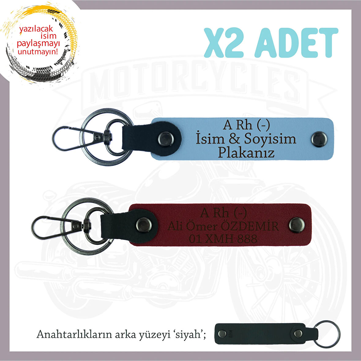 Motor Severlere Özel, İsim Plaka ve A - Kan Grubu Yazılı Kişiye Özel x2 Anahtarlık, Mavi-Bordo-Syh