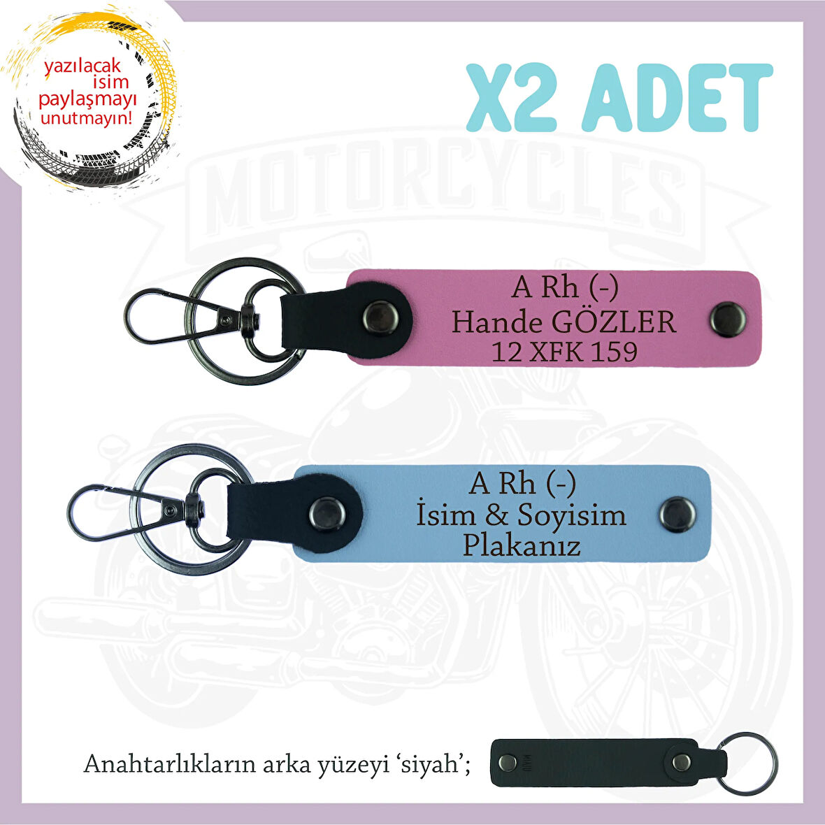 Hız Tutkunlarına, İsim Plaka ve A Rh (-) Kan Grubu Yazılı x2 Anahtarlık, Hediyelik, Mavi-Pembe-Syh