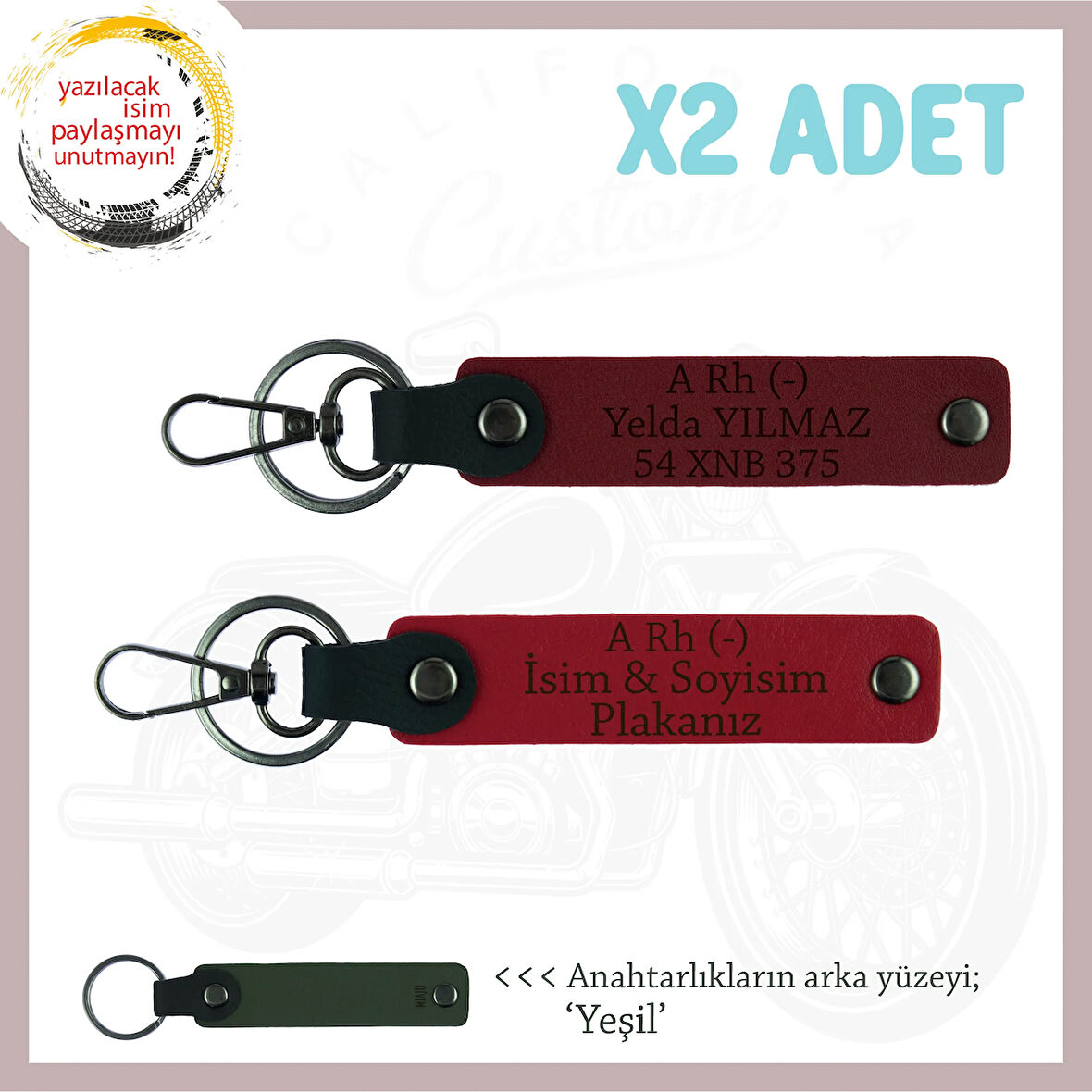 Yol Arkadaşlarına, İsim Plaka ve A Rh (-) Kan Grubu Kişiselleşmiş x2 Anahtarlık, Kırmızı-Bordo-Ysl