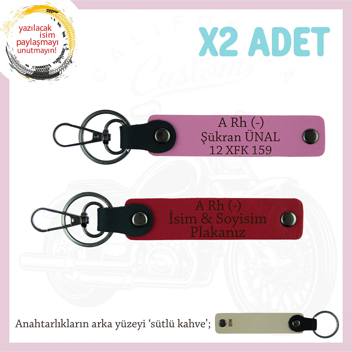 Motosiklet Aşıkları İçin İsim Plaka ve A Rh (-) Kan Grubu Yazılı x2 Anahtarlık Set, Kırmızı-Pembe-SK