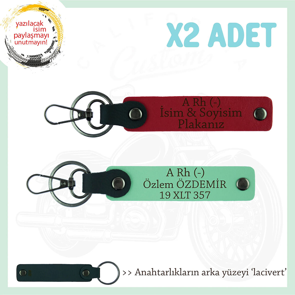 Motorcu Yolculara, İsim Plaka ve A Rh (-) Yazılı Güvenli Sürüş x2 Anahtarlık Set, Kırmızı-Yeşil-Laci