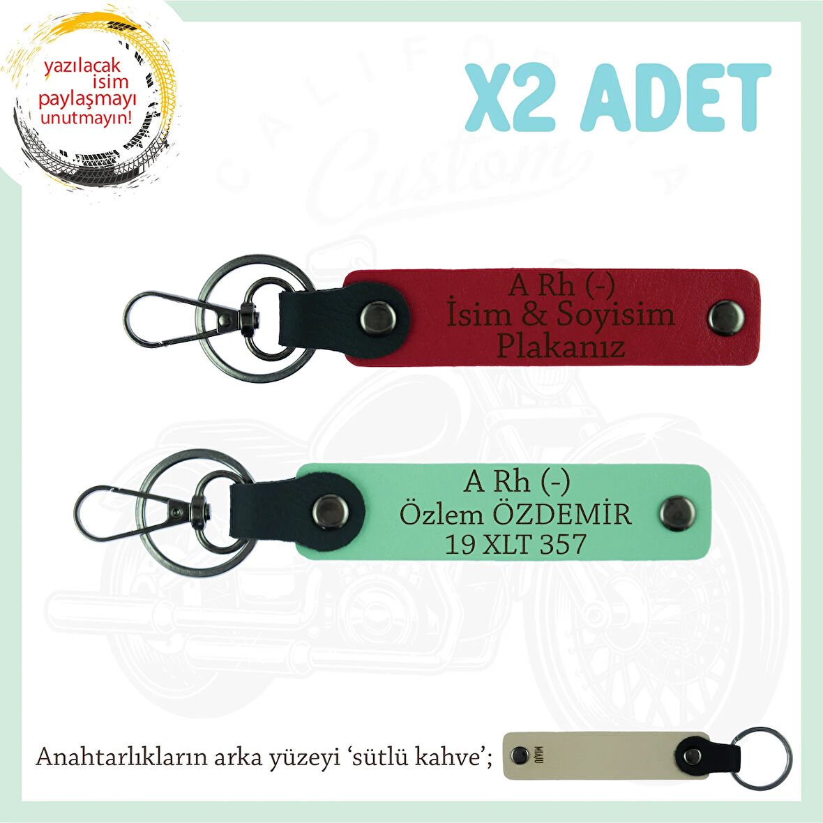 Motorcu İçin İsim Plaka ve A Rh (-) Kan Grubu Yazılı 2'li Anahtarlık Hediye Set, Kırmızı-Yeşil-SK
