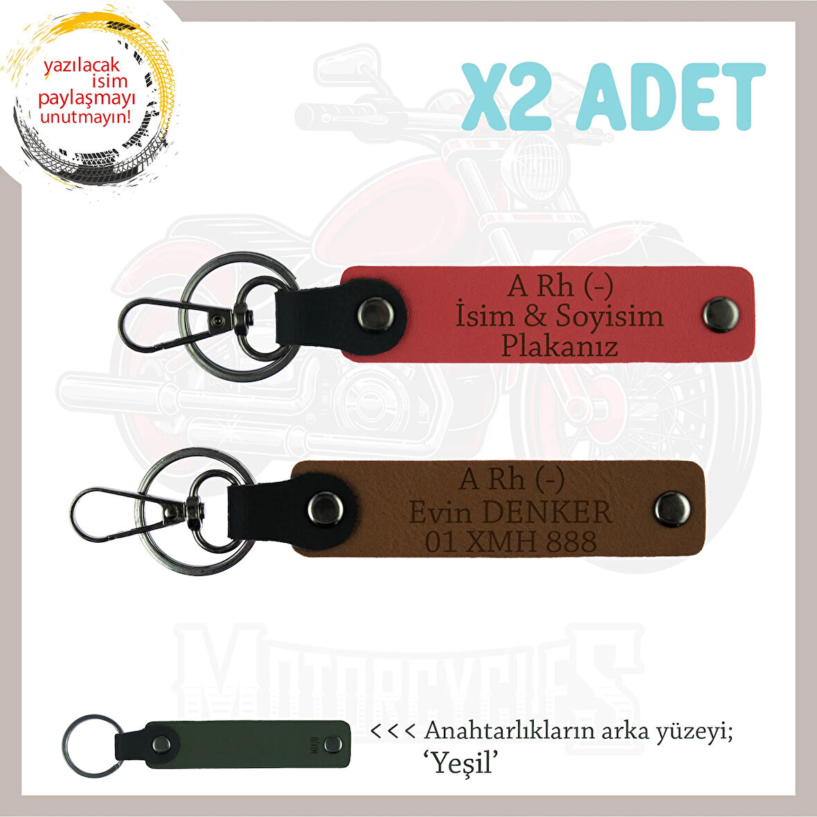 Biker Stiline Özel İsim Plaka ve A Rh (-) Kan Grubu Yazılı  x2 Anahtarlık Set, Nar Çiçeği-Kahve-Ysl