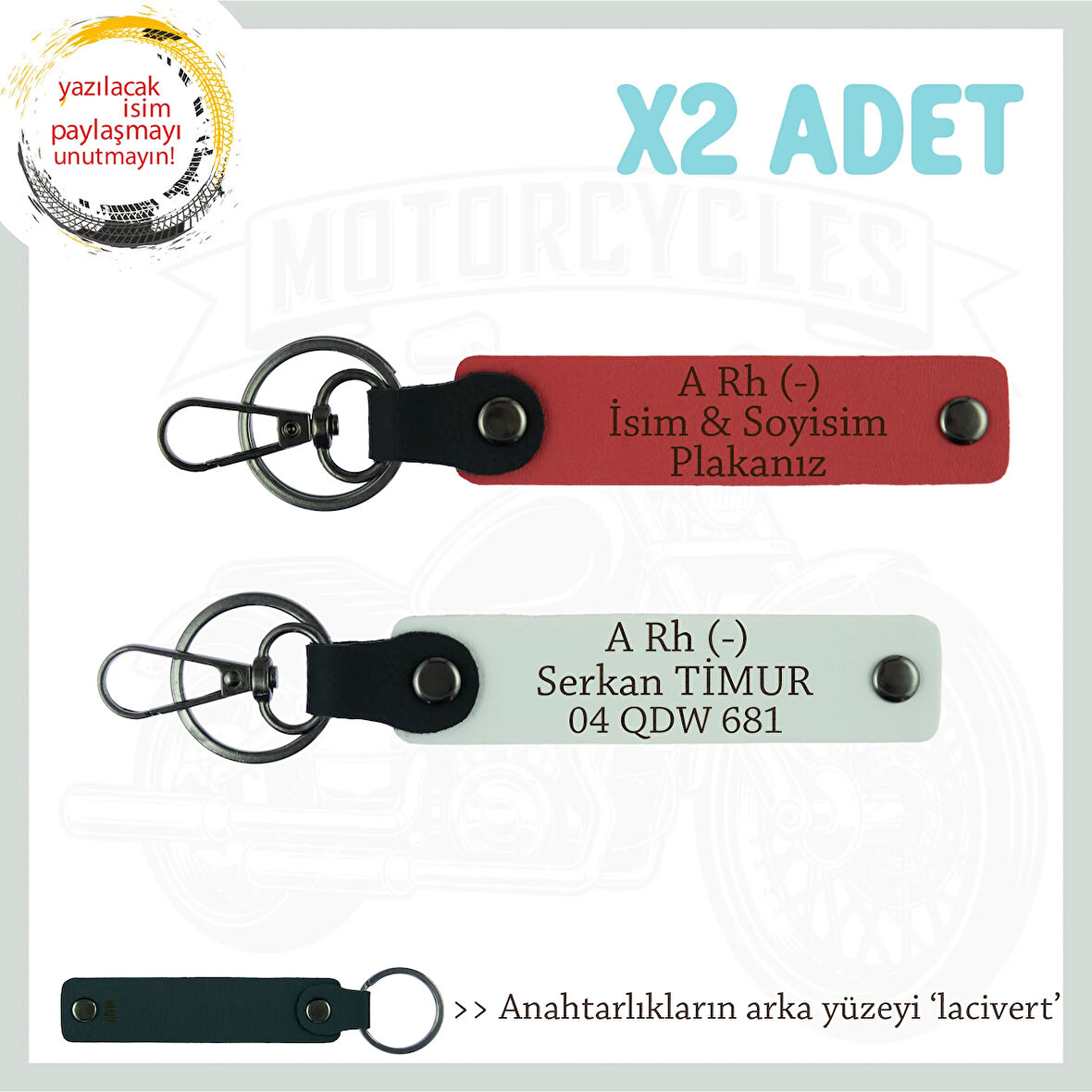 Hız Severlere Özel, İsim Plaka ve A Rh (-) Kan Grubu Yazılı x2 Anahtarlık Set, Nar Çiçeği-Beyaz-Laci