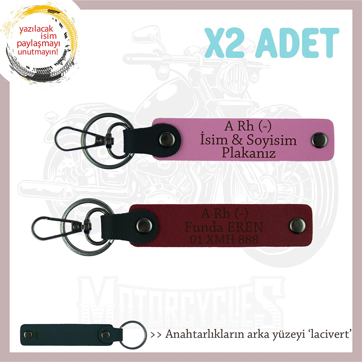 Tarz Sahibine, İsim Plaka ve A Rh (-) Kan Grubu Yazılı Hediye, Deri x2 Anahtarlık, Pembe-Bordo-Laci