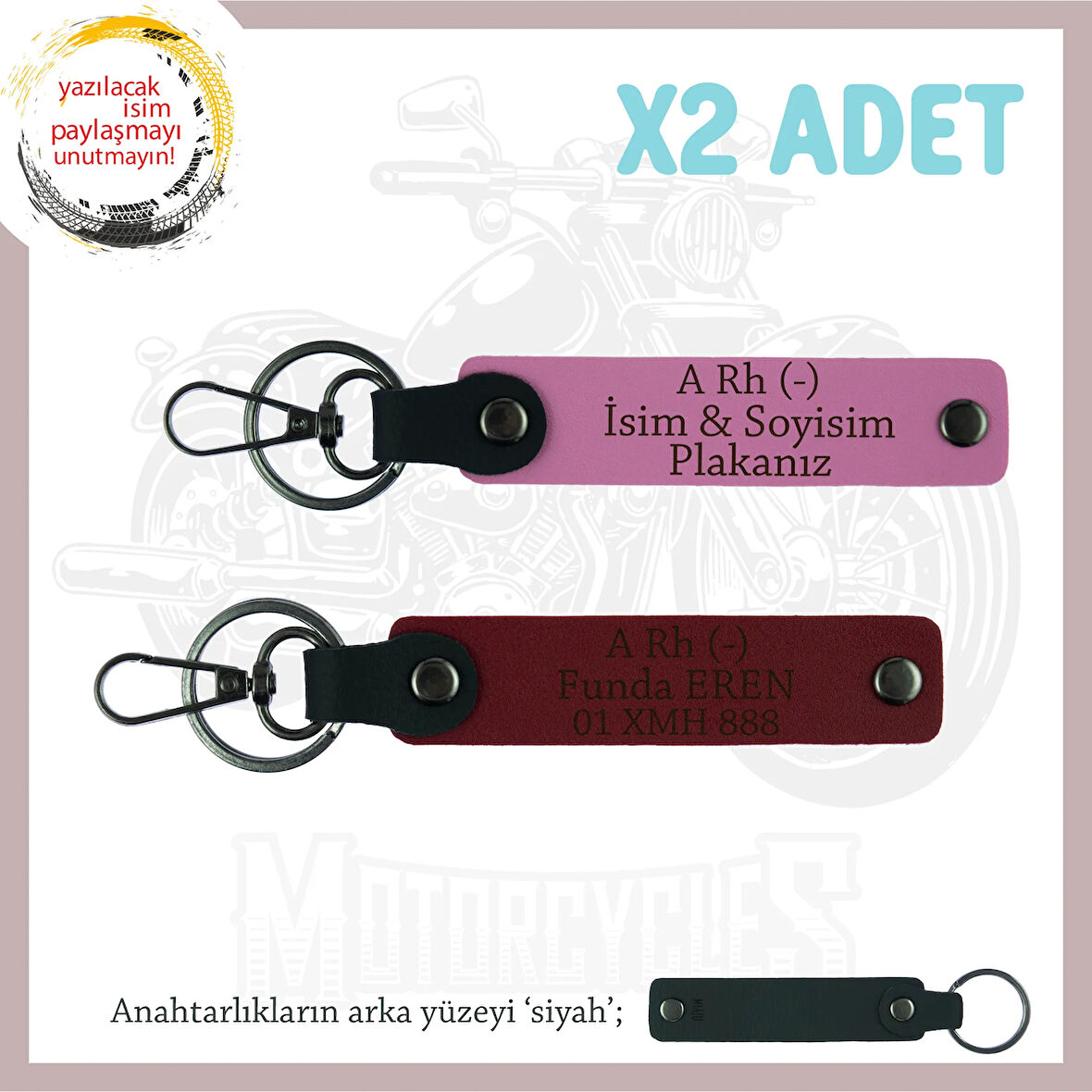 Özel İsim Plaka ve A Rh (-) Kan Grubu Yazılı Anlamlı Hediye, Deri x2 Anahtarlık Set, Pembe-Bordo-Syh
