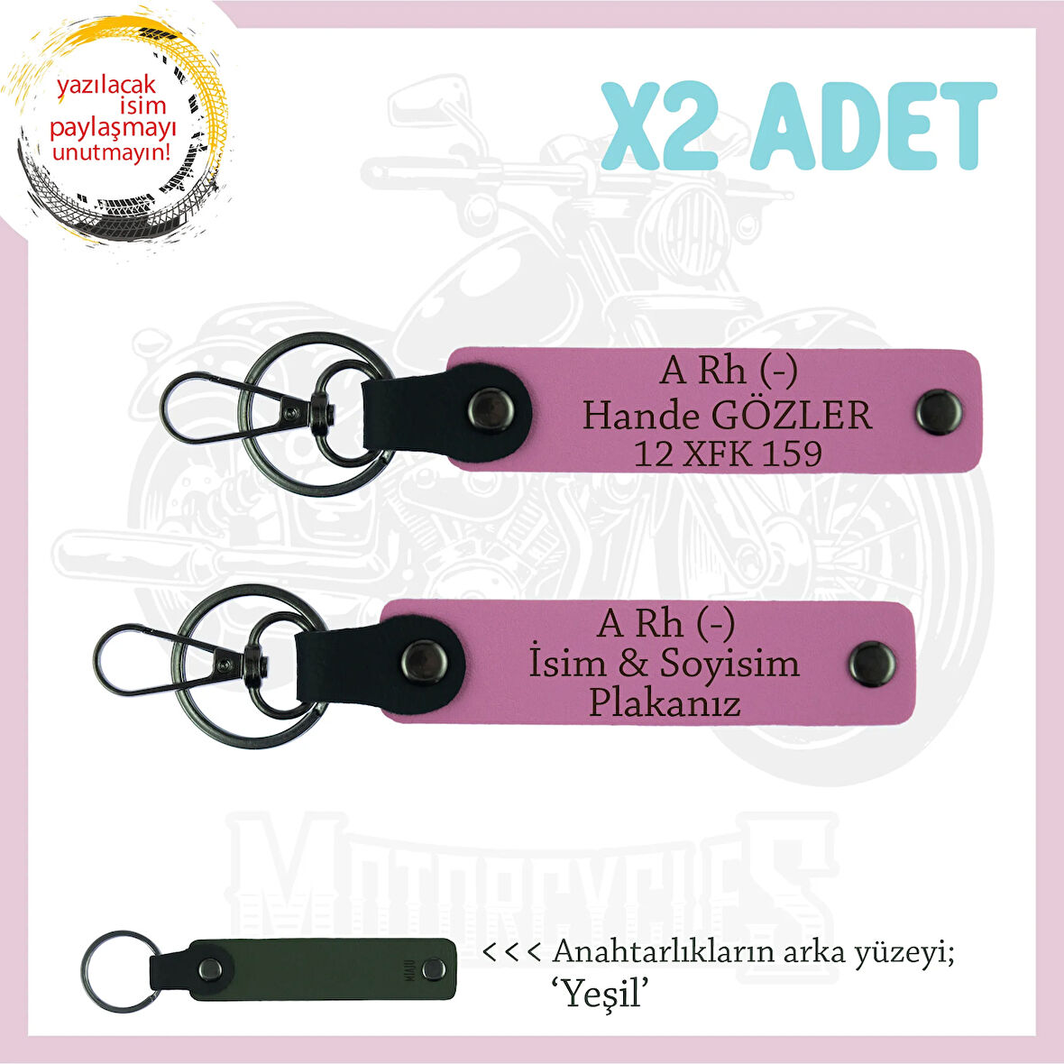 Arkadaşa, İsim Plaka ve A Rh (-) Kan Grubu Yazılı Kişiselleştirilmiş Deri x2 Anahtarlık, Pembe-Ysl