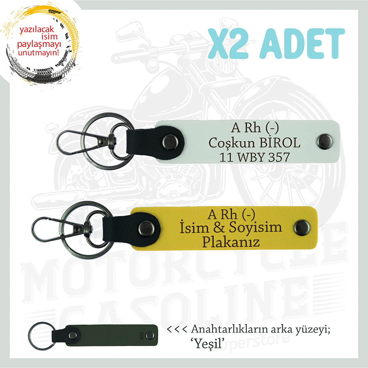 Sürücülere Özel, İsim, Plaka ve A Rh (-) Kan Grubu, Kişiselleştirilmiş x2 Anahtarlık, Sarı-Beyaz-Ysl