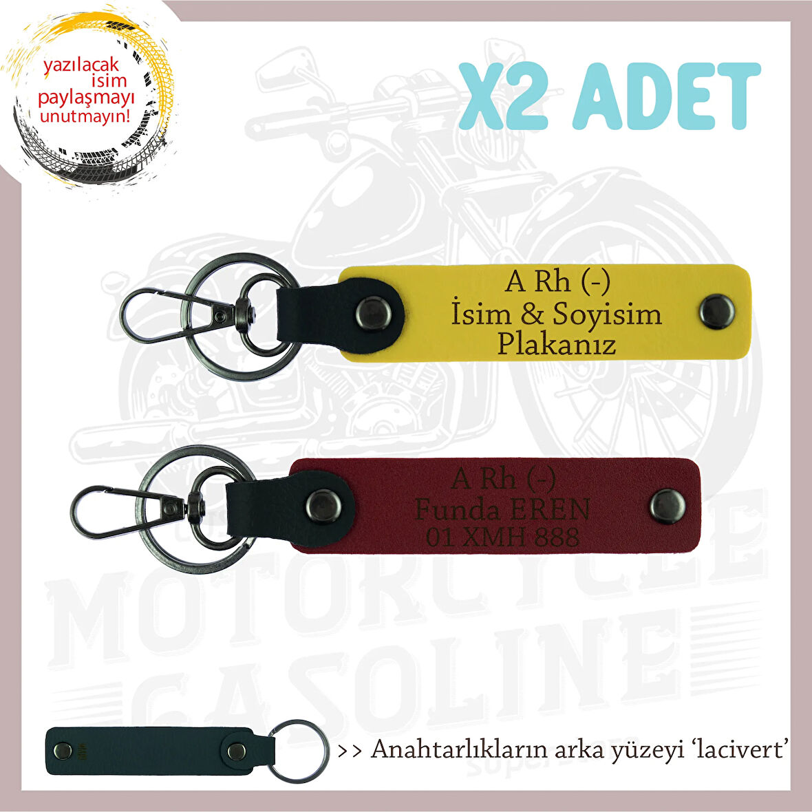 Motor Tutkunlarına, İsim Plaka ve A Rh (-) Kan Grubu Özel Üretim x2' li Anahtarlık, Sarı-Bordo-Laci