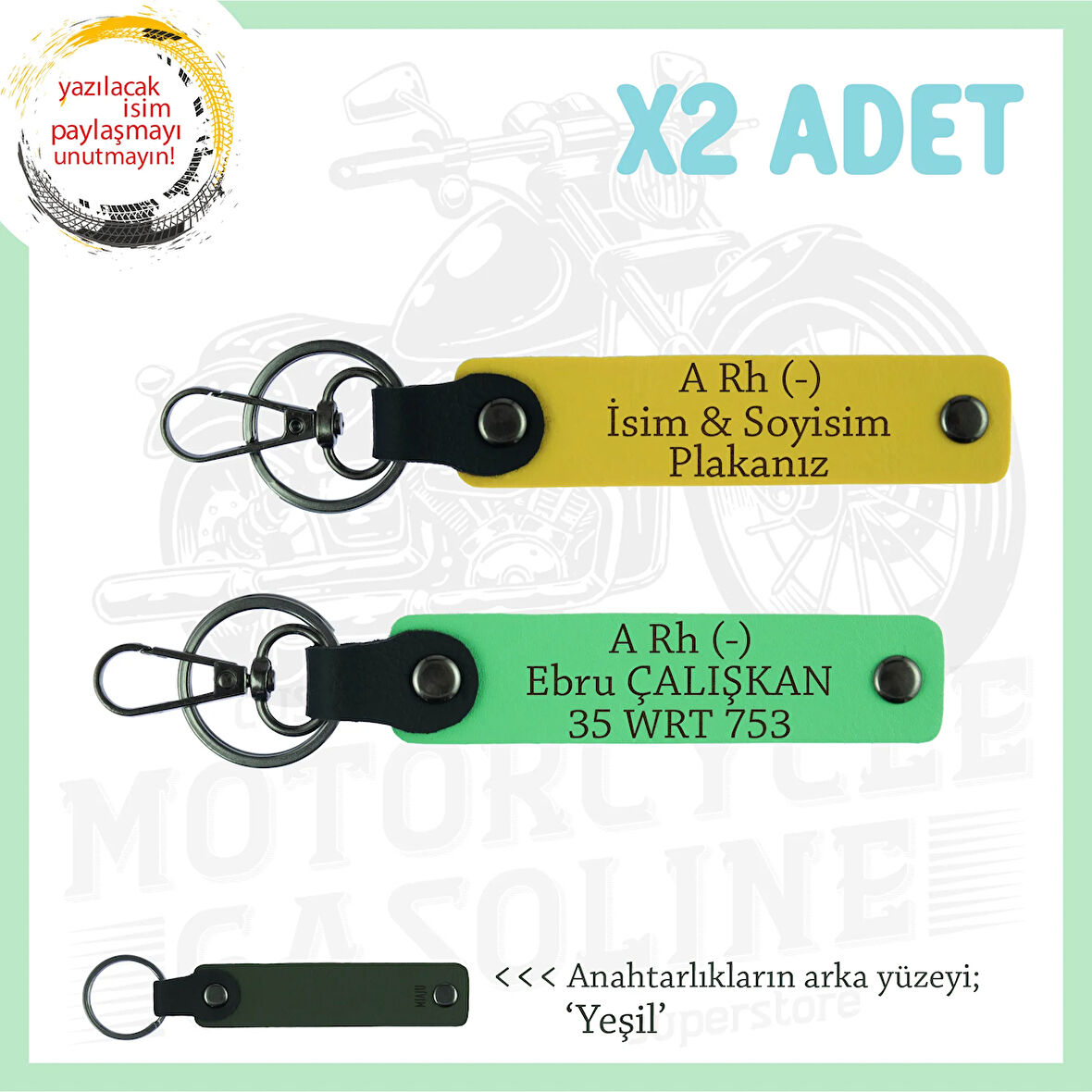 Bikerlar İçin Özel İsim Plaka ve A Rh (-) Kan Grubu Yazılı Hediyelik x2 Anahtarlık, Sarı-F Yeşil-Ysl