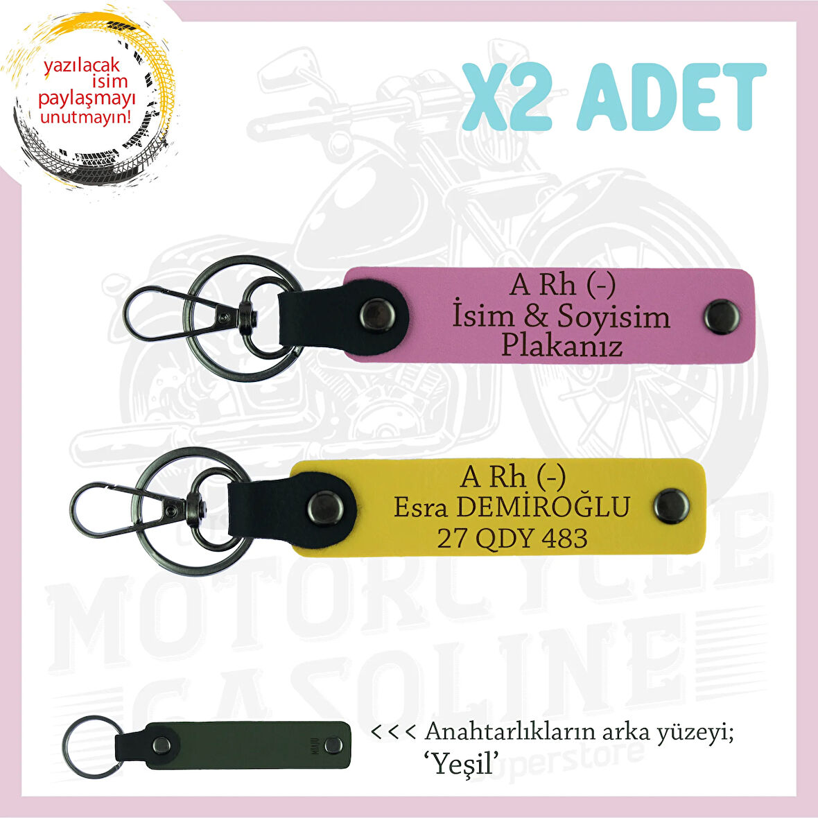 Motosiklet Severlere Özel, İsim Plaka ve A Rh (-) Kan Grubu Acil Durum x2 Anahtarlık, Sarı-Pembe-Ysl