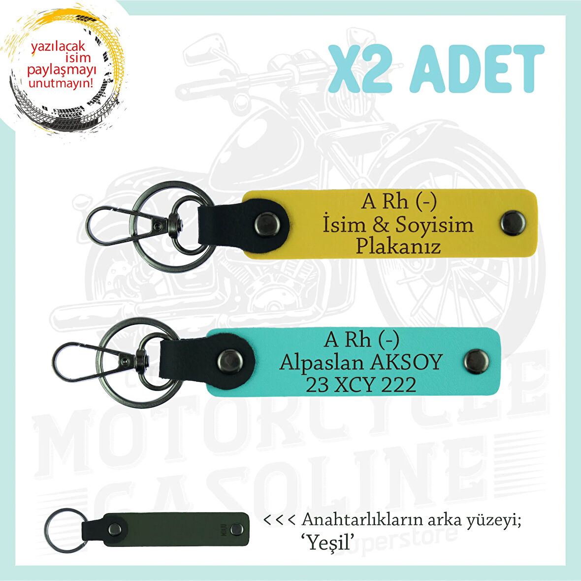 Motor Severlere İsim Plaka ve A Rh (-) Kan Grubu Yazılı Özel Tasarım x2 Anahtarlık, Sarı-Turkuaz-Ysl