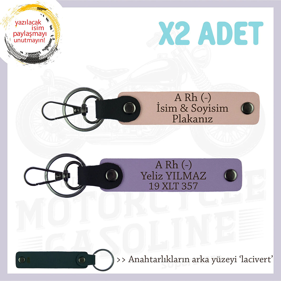 Motor Tutkunlarına Özel, İsim Plaka ve A Rh (-) Kan Grubu Yazılı 2'li Anahtarlık, Yavruağzı-Mor-Laci