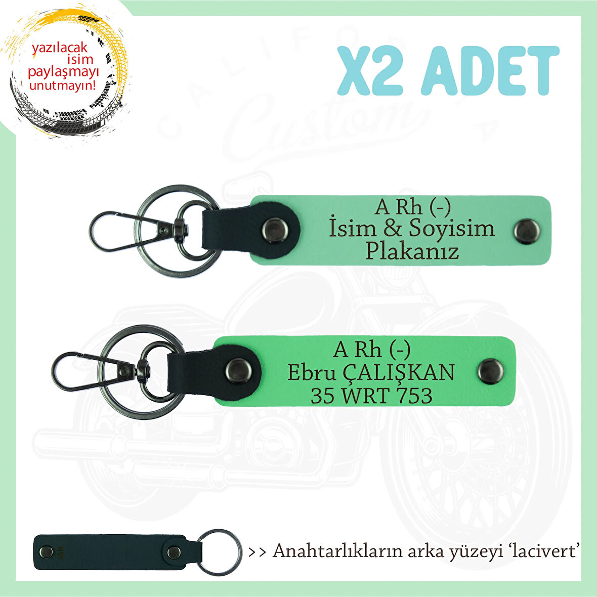 Motosiklet Sürücüsüne Özel İsim Plaka ve A Rh (-) Kan Grubu Yazılı x2 Anahtarlık, Yeşil-F Yeşil-Laci