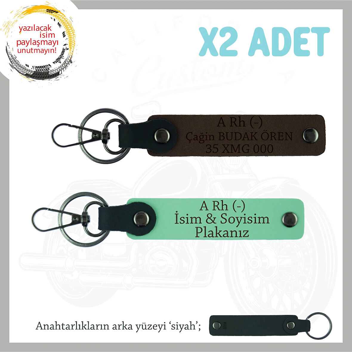 Motor Tutkunlarına Özel, İsim Plaka ve A Rh (-) Kan Grubu Yazılı x2 Anahtarlık, Yeşil-K Kahve-Syh