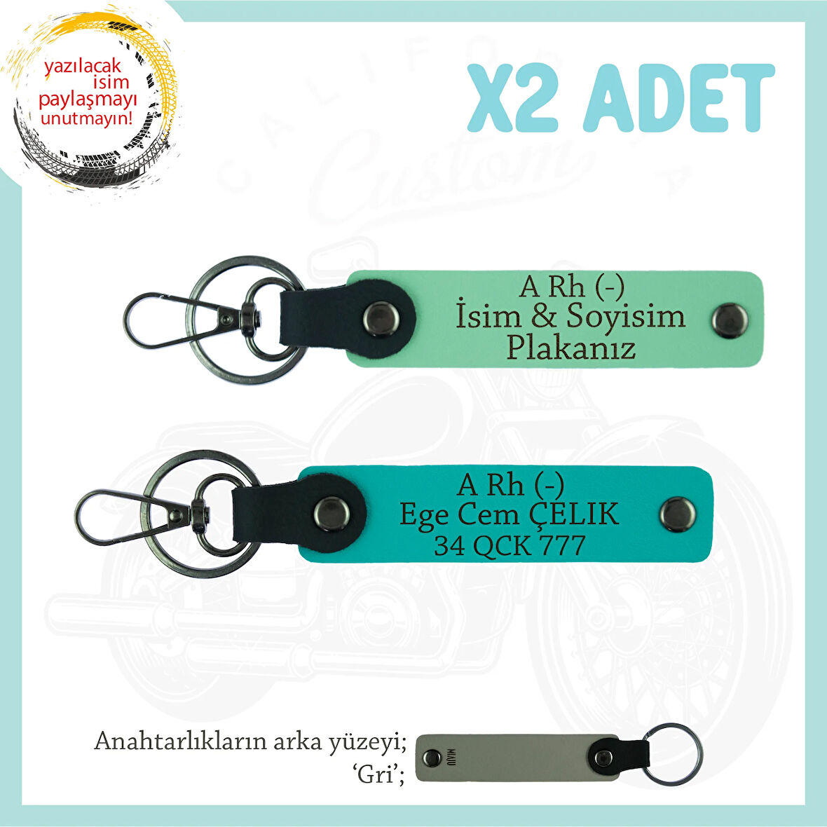 Arkadaşa Özel, İsim Plaka ve A Rh (-) Kan Grubu Yazılı x2 Hediye Anahtarlık Set, Yeşil-K Turkuaz-Gr