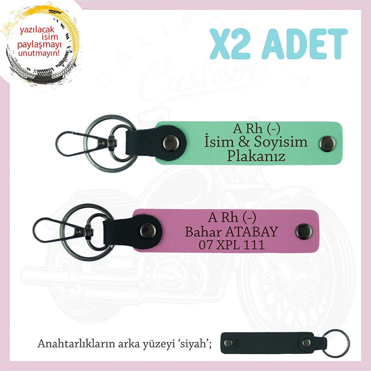 Hız Severlere, İsim Plaka ve A Rh (-) Kan Grubu Yazılı x2 Anahtarlık Set, Hediyelik, Yeşil-Pembe-Syh