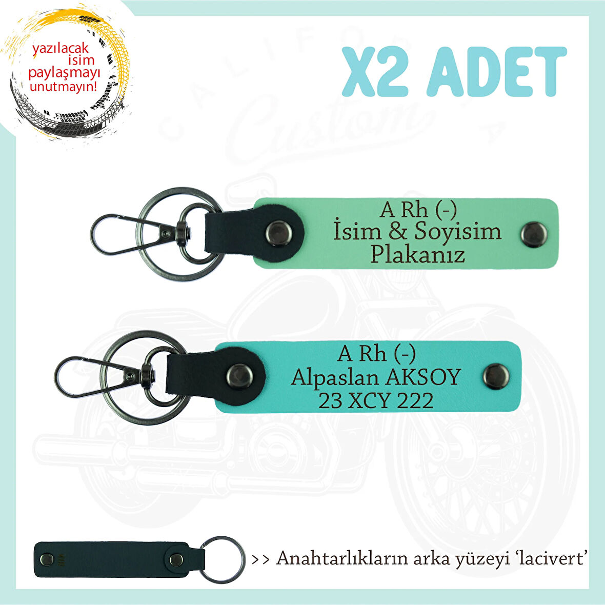 Ehliyeti Olanlara, İsim Plaka, A Rh (-) Kan Grubu Yazılı Hediye 2'li Anahtarlık, Yeşil-Turkuaz-Laci