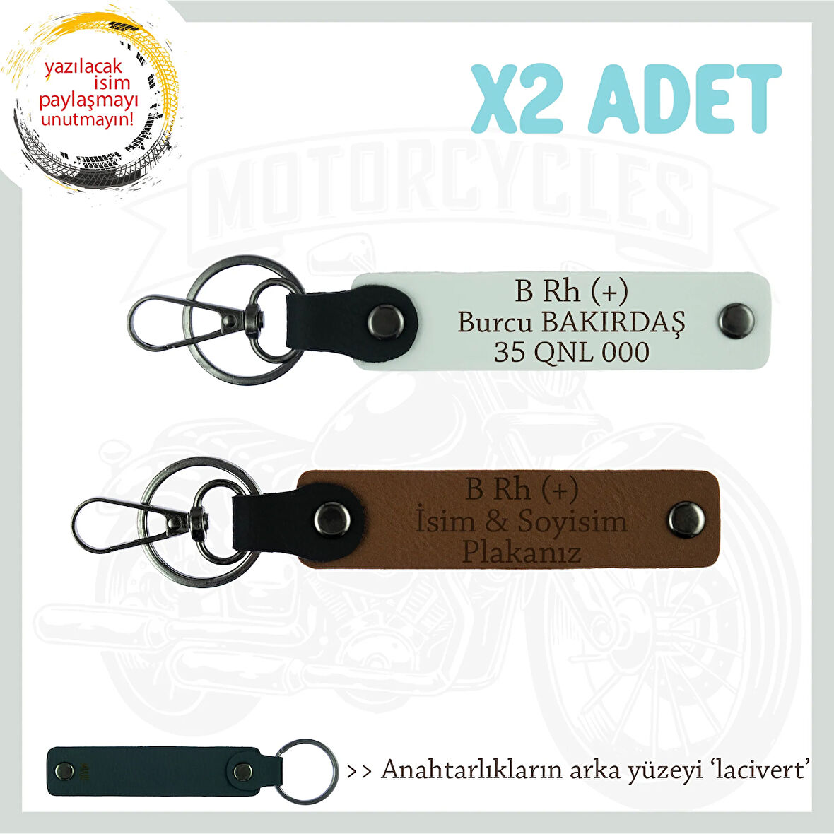 İstanbullu Motorculara Özel İsim Plaka, B(+) Kan Grubu Yazılı x2 Hediye Anahtarlık, Kahve-Beyaz-Laci