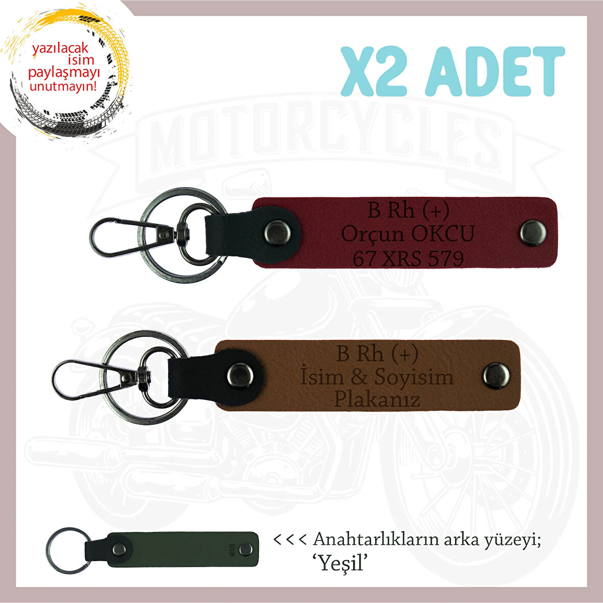 Motosiklet Tutkunlarına, İsim Plaka ve B Rh (+) Kan Grubu Yazılı Deri x2 Anahtarlık, Kahve-Bordo-Ysl