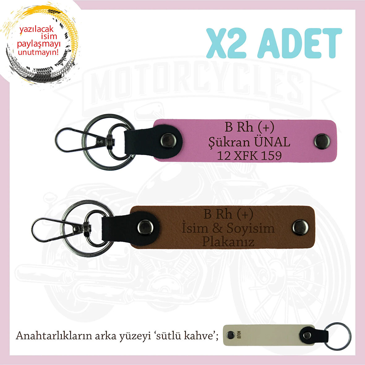 Motosiklet Aşıkları İçin, İsim Plaka ve B (+) Kan Grubu Yazılı Kişisel x2 Anahtarlık, Kahve-Pembe-SK