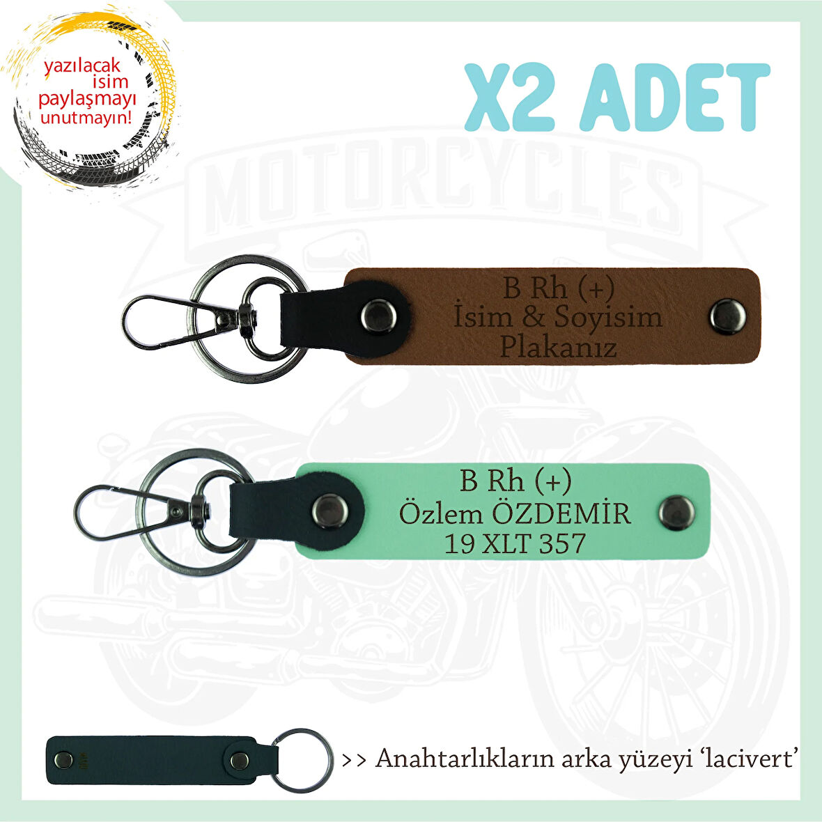Motosiklet Severlere, İsim Plaka ve B Rh + Kan Grubu Yazılı, Motorcu x2 Anahtarlık, Kahve-Yeşil-Laci