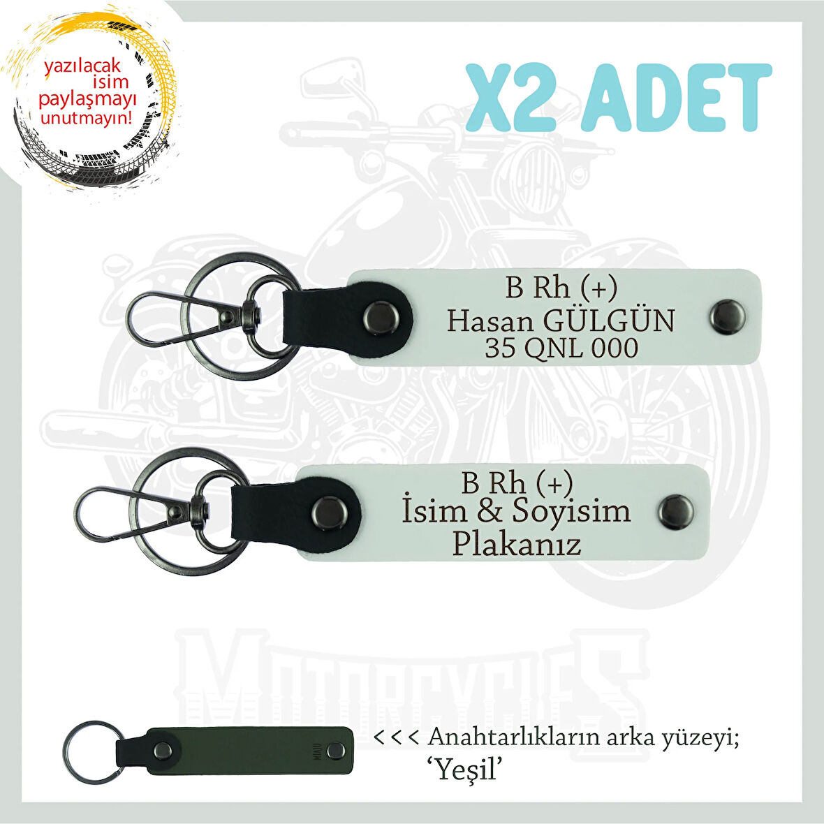 Biker Stiline Uygun İsim Plaka ve B + Kan Grubu Yazılı Acil Durum Deri x2 Anahtarlık Seti, Beyaz-Ysl