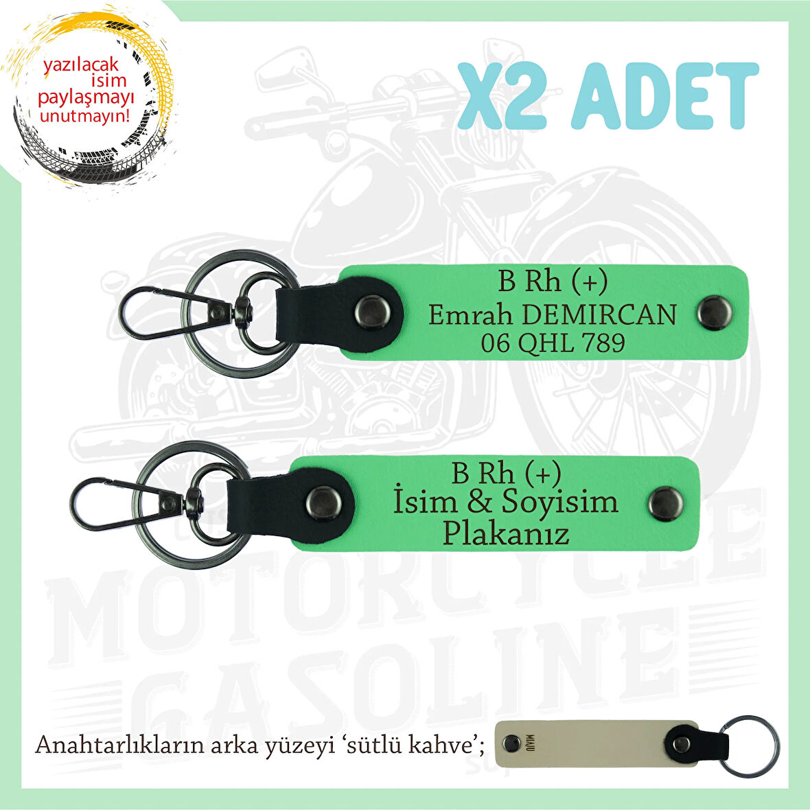 Motosiklet Tutkunlarına, İsim Plaka ve B (+) Kan Grubu Yazılı Acil Durum x2 Anahtarlık, F Yeşil-SK