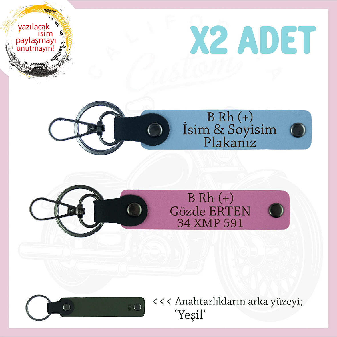 Hız Tutkunlarına, İsim Plaka ve B Rh (+) Kan Grubu Yazılı x2 Anahtarlık, Hediyelik, Mavi-Pembe-Ysl