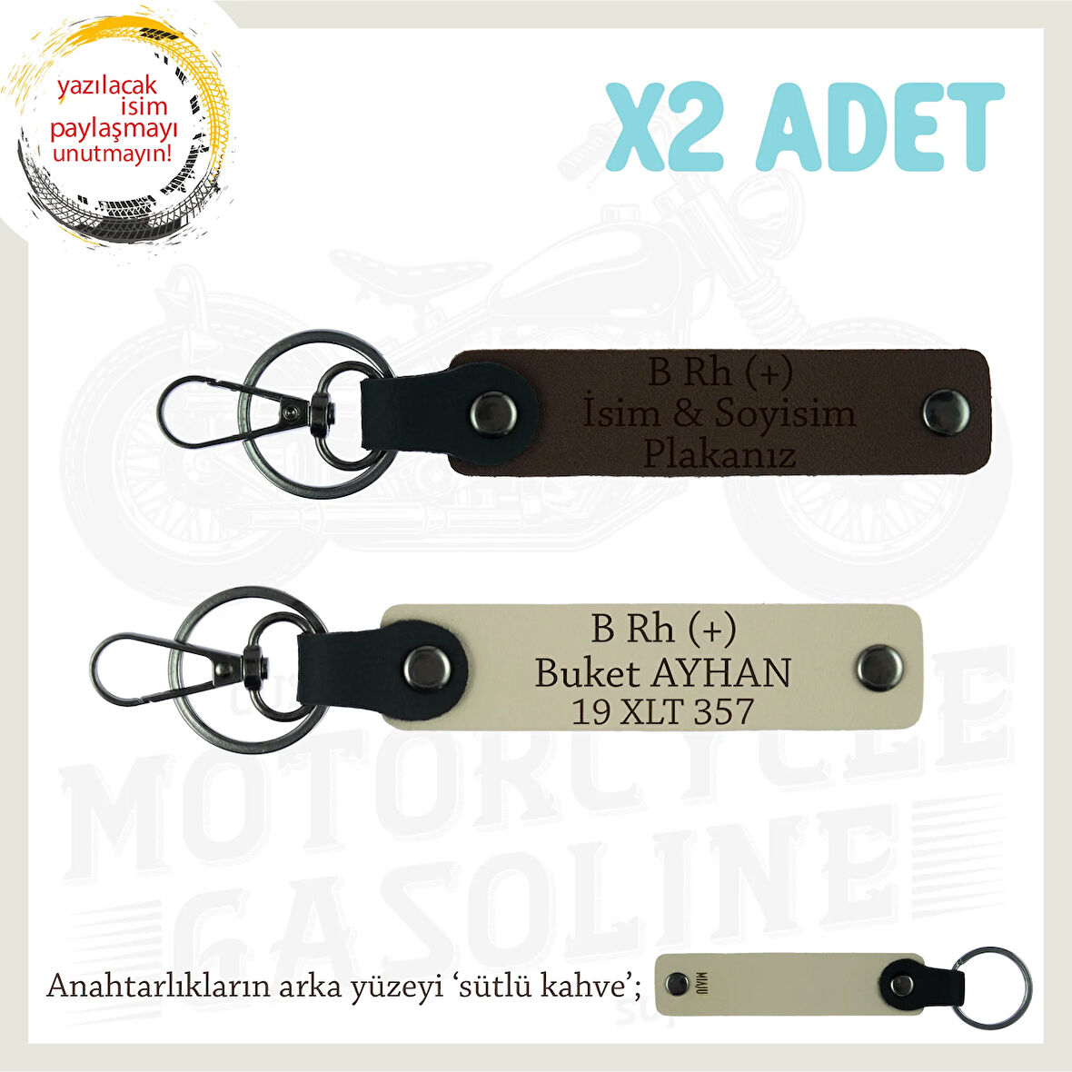Motorcu Eşe Doğum Günü Hediyesi, İsim Plaka ve B Rh (+) Kan Grubu x2 Anahtarlık, K Kahve-S Kahve-SK