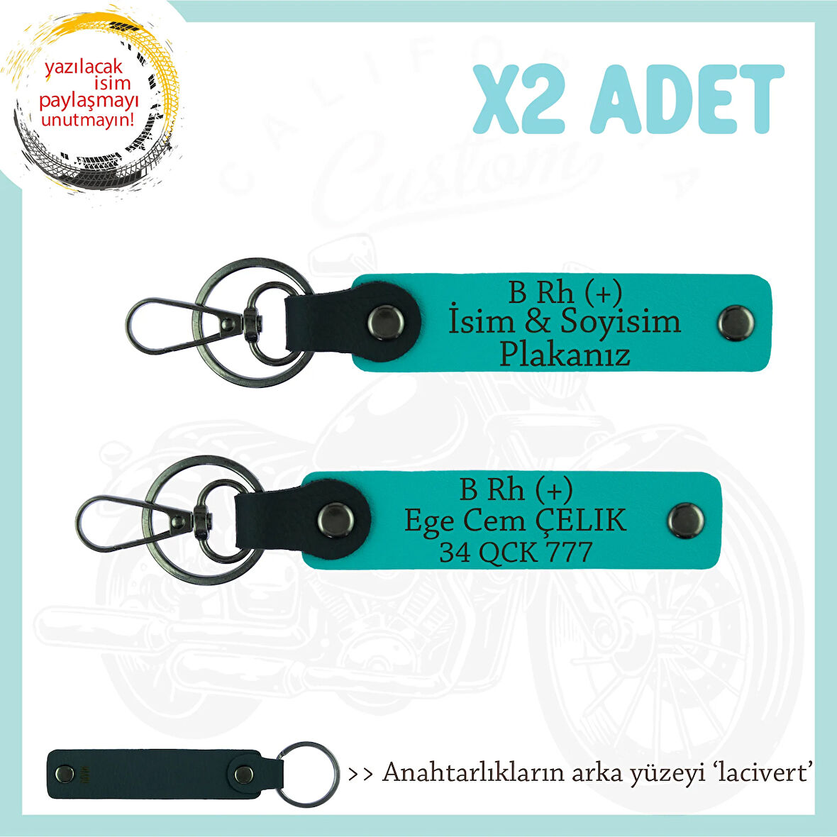 Yol Arkadaşlarına, İsim Plaka ve B Rh (+) Kan Grubu Yazılı Kişiye Özel x2 Anahtarlık, K Turkuaz-Laci