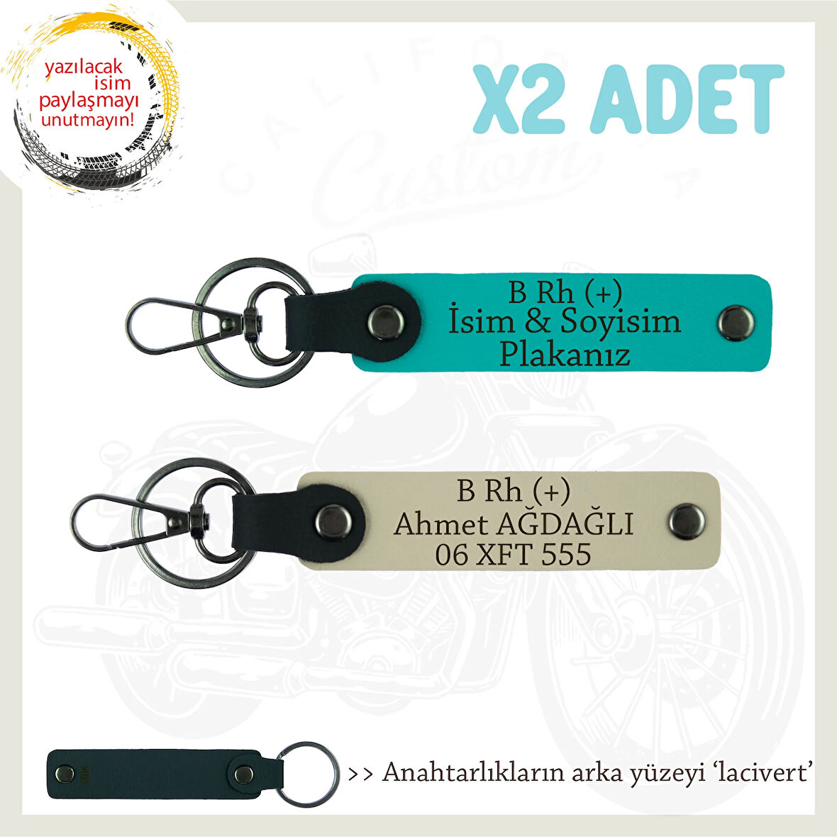 Motorcuya Tarz Hediye, İsim Plaka ve B Rh (+) Kan Grubu Yazılı x2 Anahtarlık, K Turkuaz-S Kahve-Laci