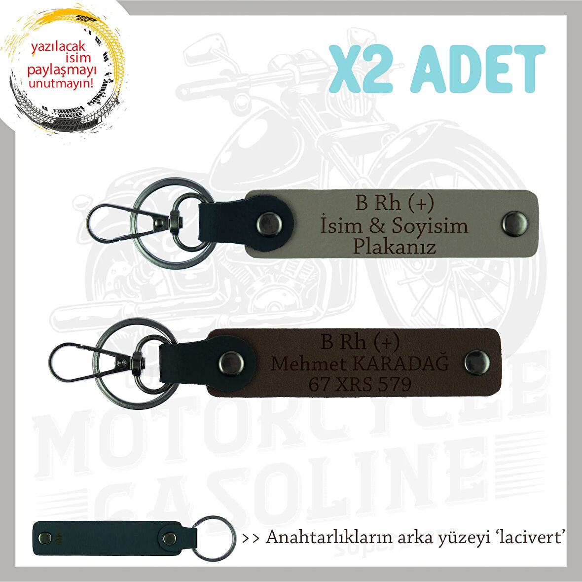 Yol Tutkunlarına, İsim Plaka ve B Rh (+) Kan Grubu Kişiselleşmiş x2 Anahtarlık, Kül Gri-K Kahve-Laci