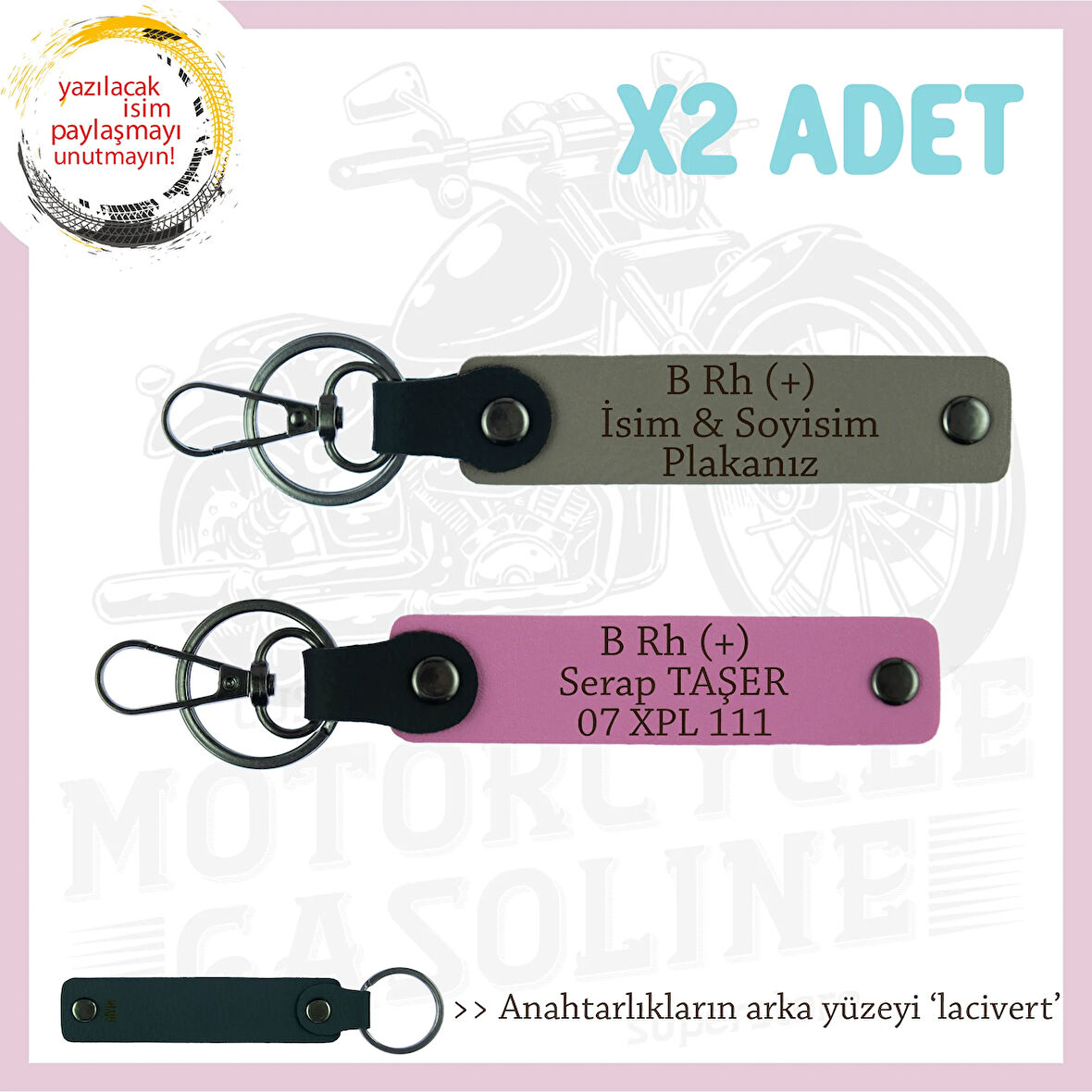 Motorcu Yolculara Özel, İsim Plaka ve B Rh (+) Kan Grubu Yazılı x2 Anahtarlık, Kül Gri-Pembe-Laci