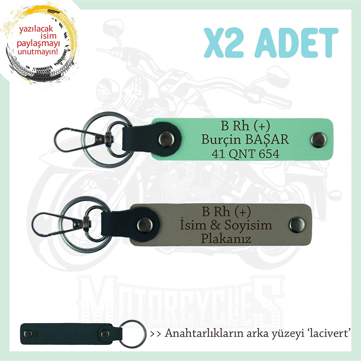 Hız Aşıkları İçin İsim Plaka, B Rh (+) Kan Grubu Yazılı Hediyelik x2 Anahtarlık, Kül Gri-Yeşil-Laci