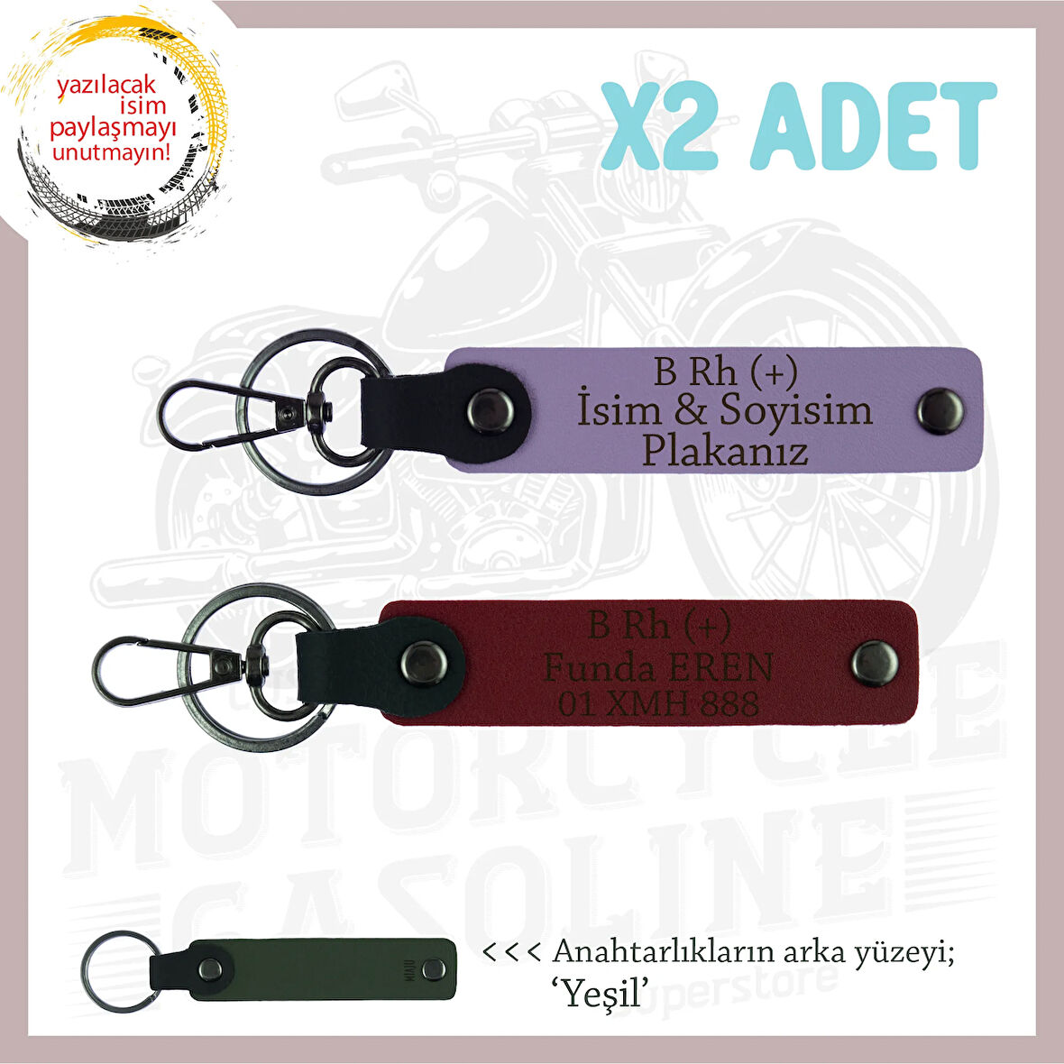 Otomobil Sahipleri İçin İsim Plaka ve B Rh (+) Kan Grubu Yazılı 2' li Anahtarlık Set, Mor-Bordo-Ysl