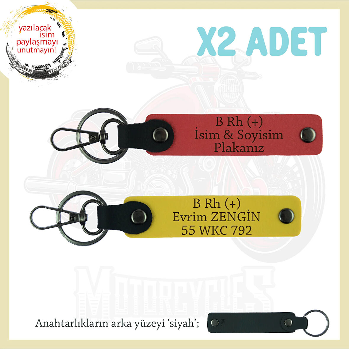 Bikerlar İçin İsim Plaka ve B Rh (+) Kan Grubu Yazılı Hediye Deri x2 Anahtarlık, Nar Çiçeği-Sarı-Syh